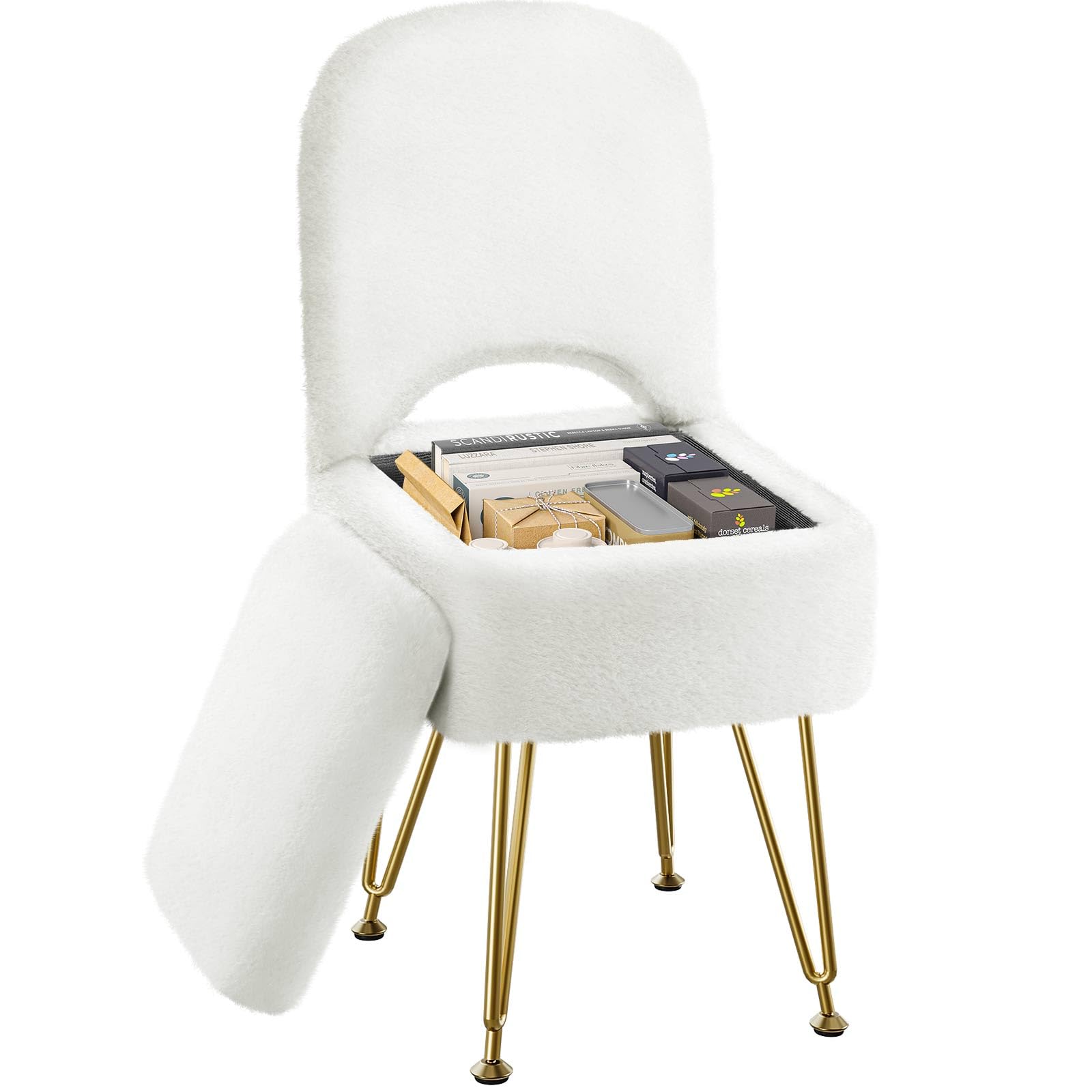 Greenstell vanity stool with storage keeps makeup items within reach in a compact space