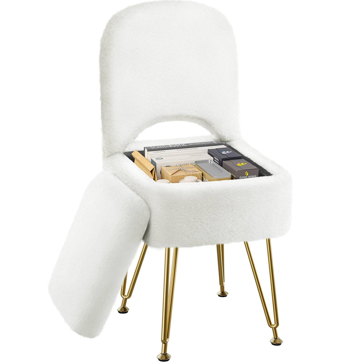 Greenstell vanity stool with storage keeps makeup items within reach in a compact space