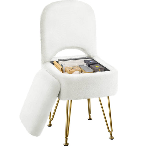 Greenstell vanity stool with storage keeps makeup items within reach in a compact space