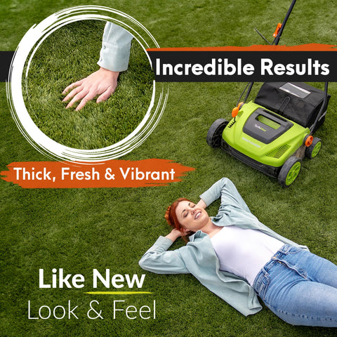 GreenSweep TurfoMax 13-amp motor powers up to 3500 RPM for thorough sweeping.