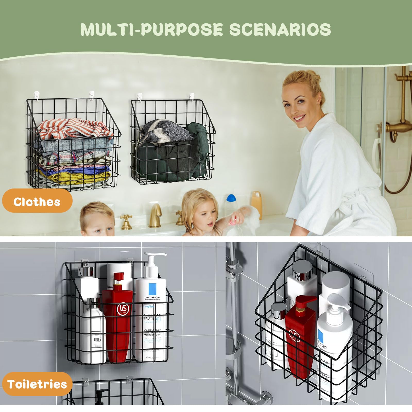 Greentainer included hooks enable flexible mounting on tile or glass.