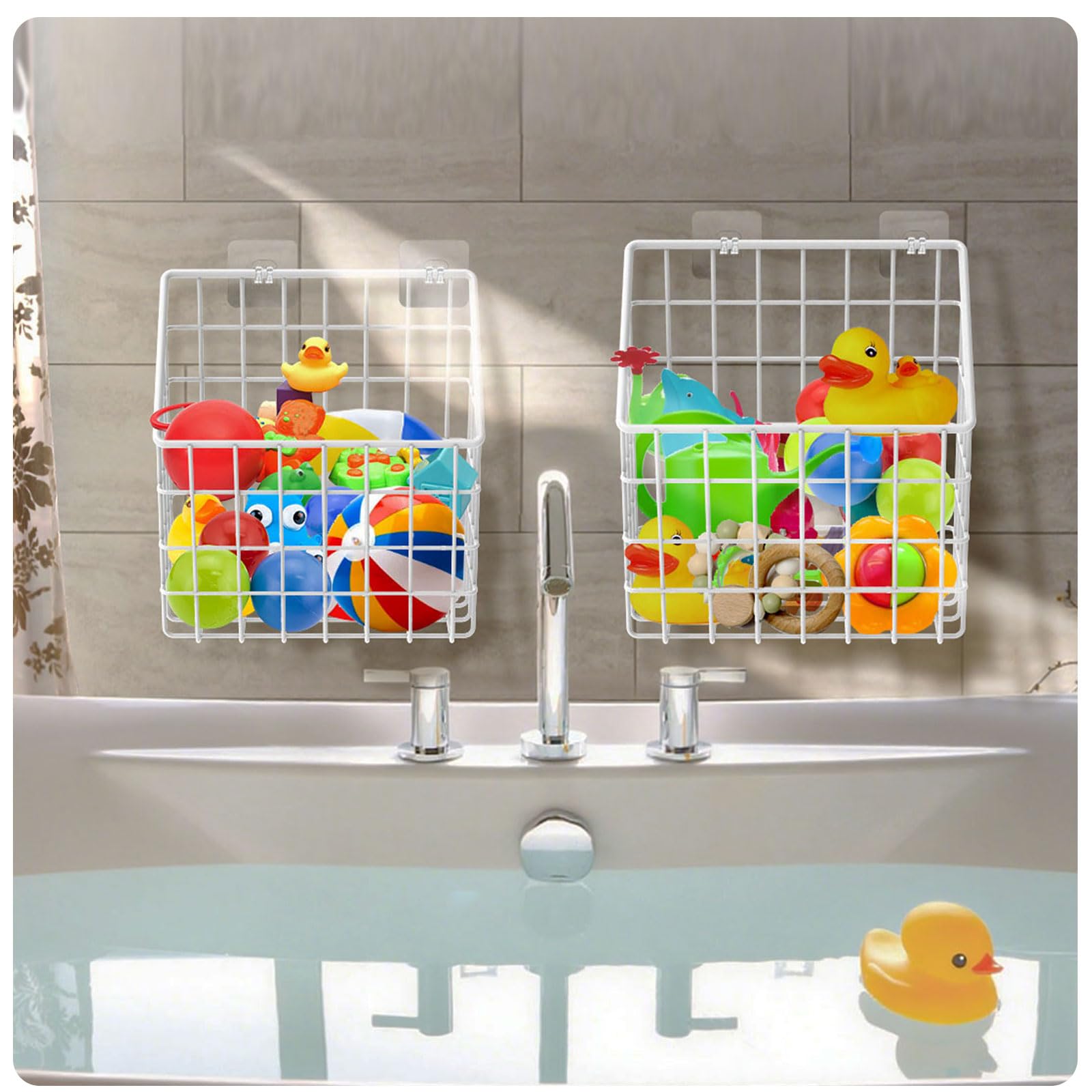 Greentainer bathroom organizer tidies toys and toiletries around tub area.