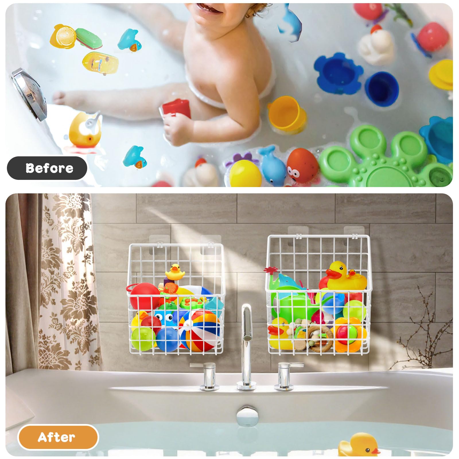 Greentainer two-pack bath organizer ready for tub toys and toiletries.