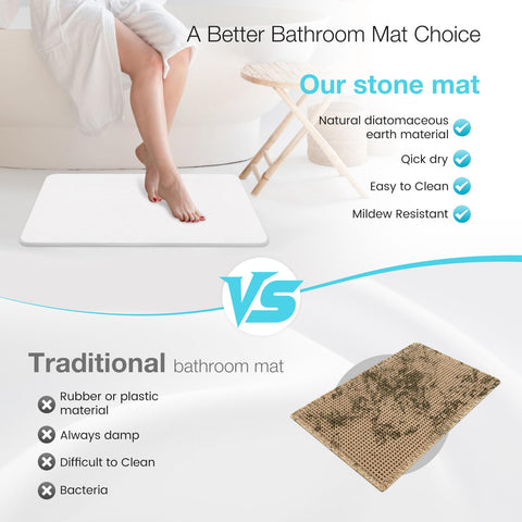 Greenturf diatomite bath mat on bathroom floor, moisture absorption shown