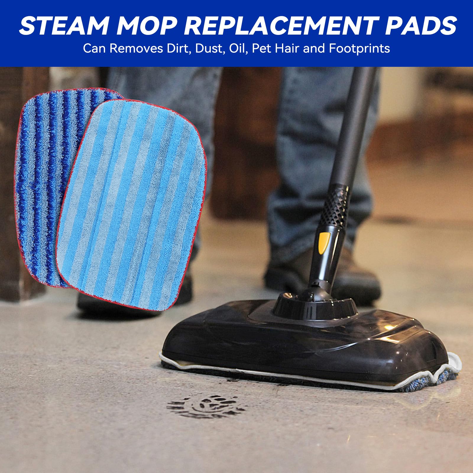 GreeSuit steam mop pads in action on tile and hardwood.