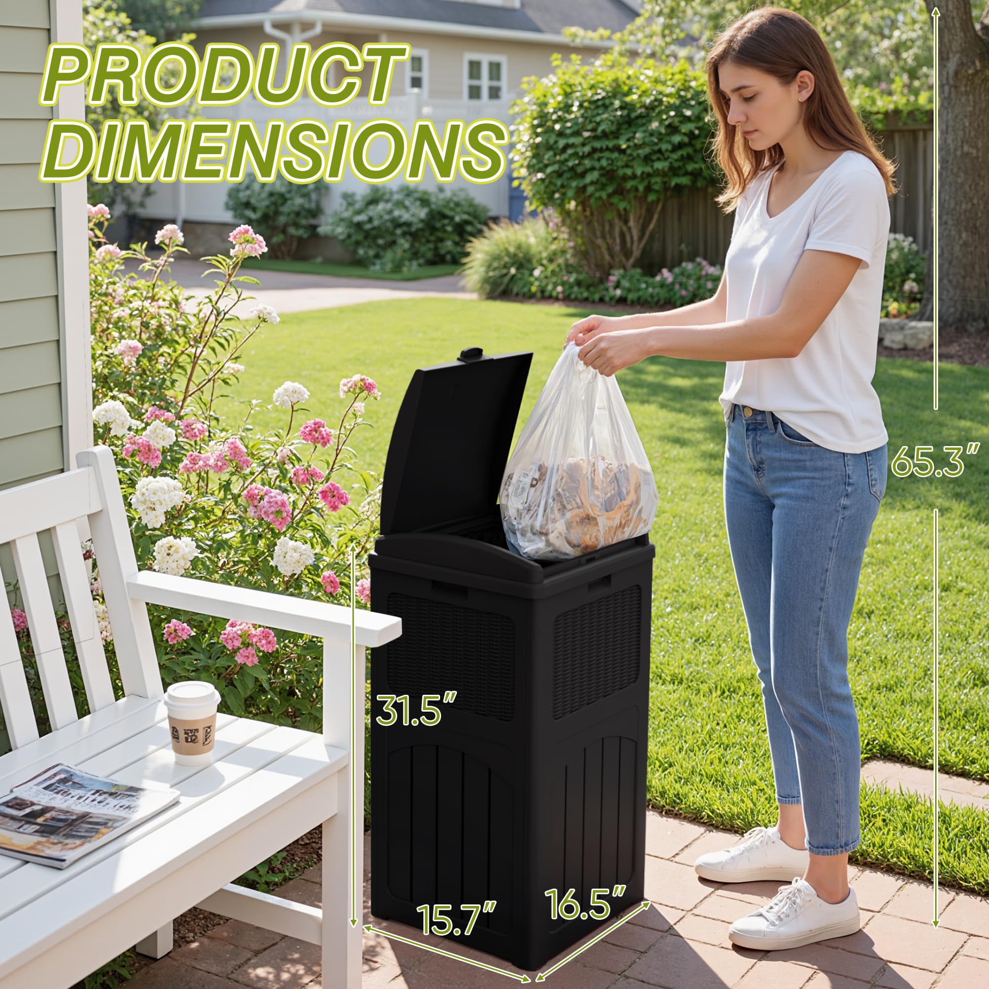 Greesum outdoor trash bin with rattan-design aesthetic for garden or patio.