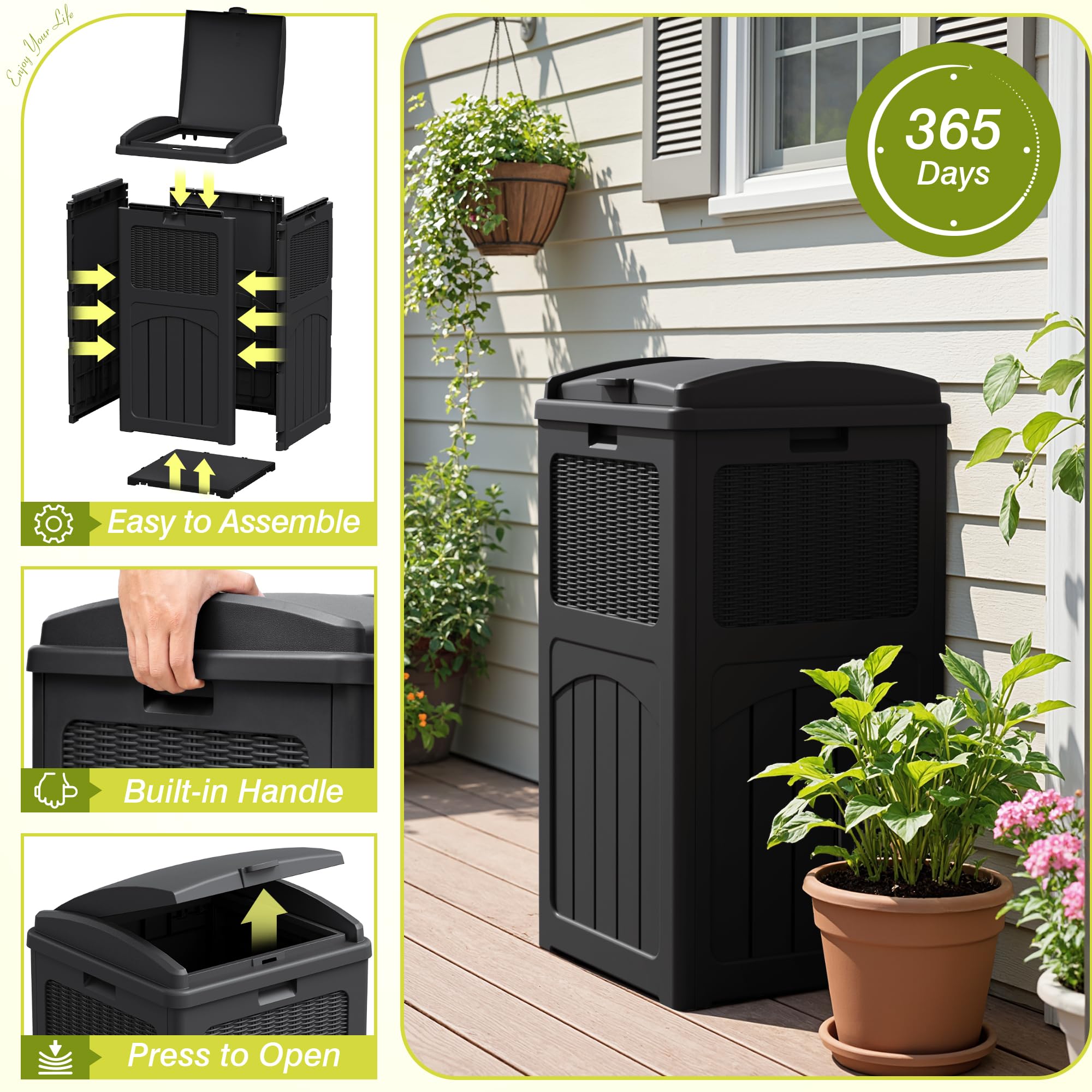 Greesum stylish patio bin enhances garden decor.