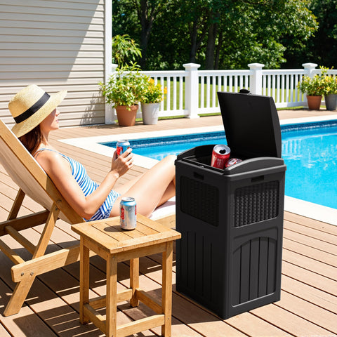 Top press-to-open lid on the Greesum trash bin for easy disposal.