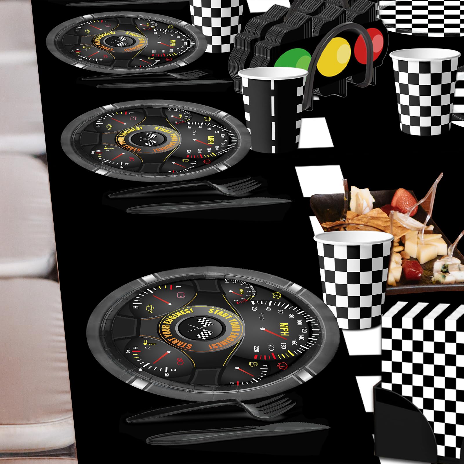 GREHUMOR race car balloons and cake toppers add festive detail.