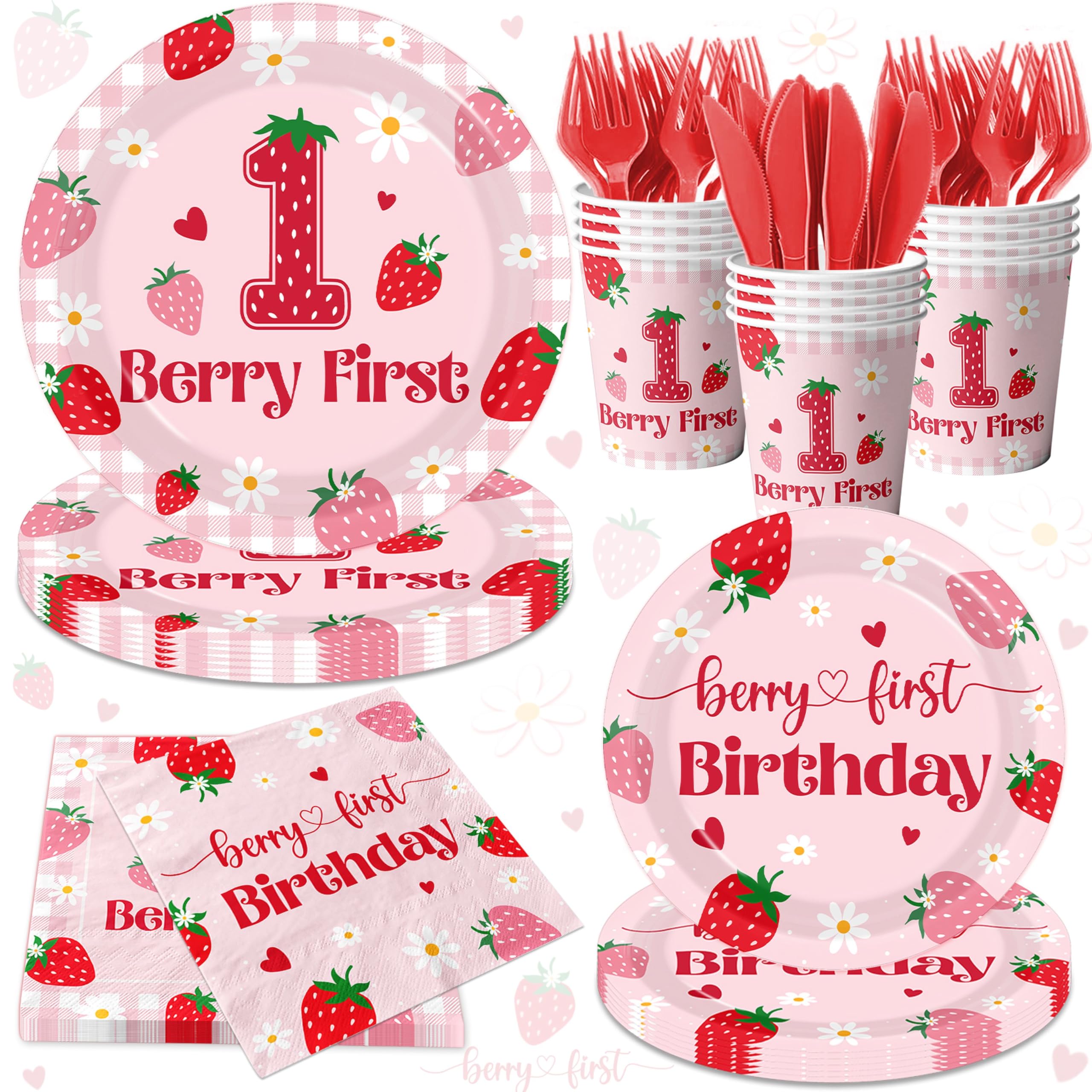 GREHUMOR Berry First Birthday 9in plates for dessert servings at a strawberry party
