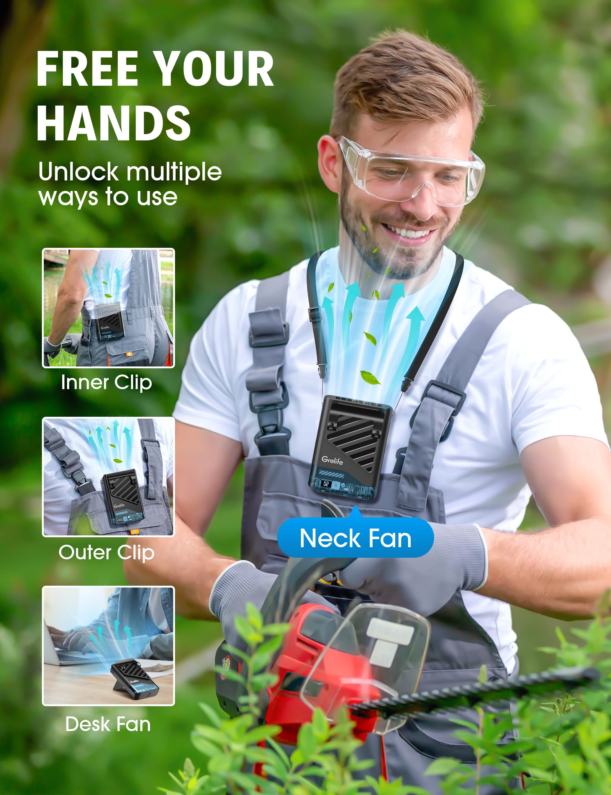 Grelife neck-hang option lets you wear the fan around your neck.