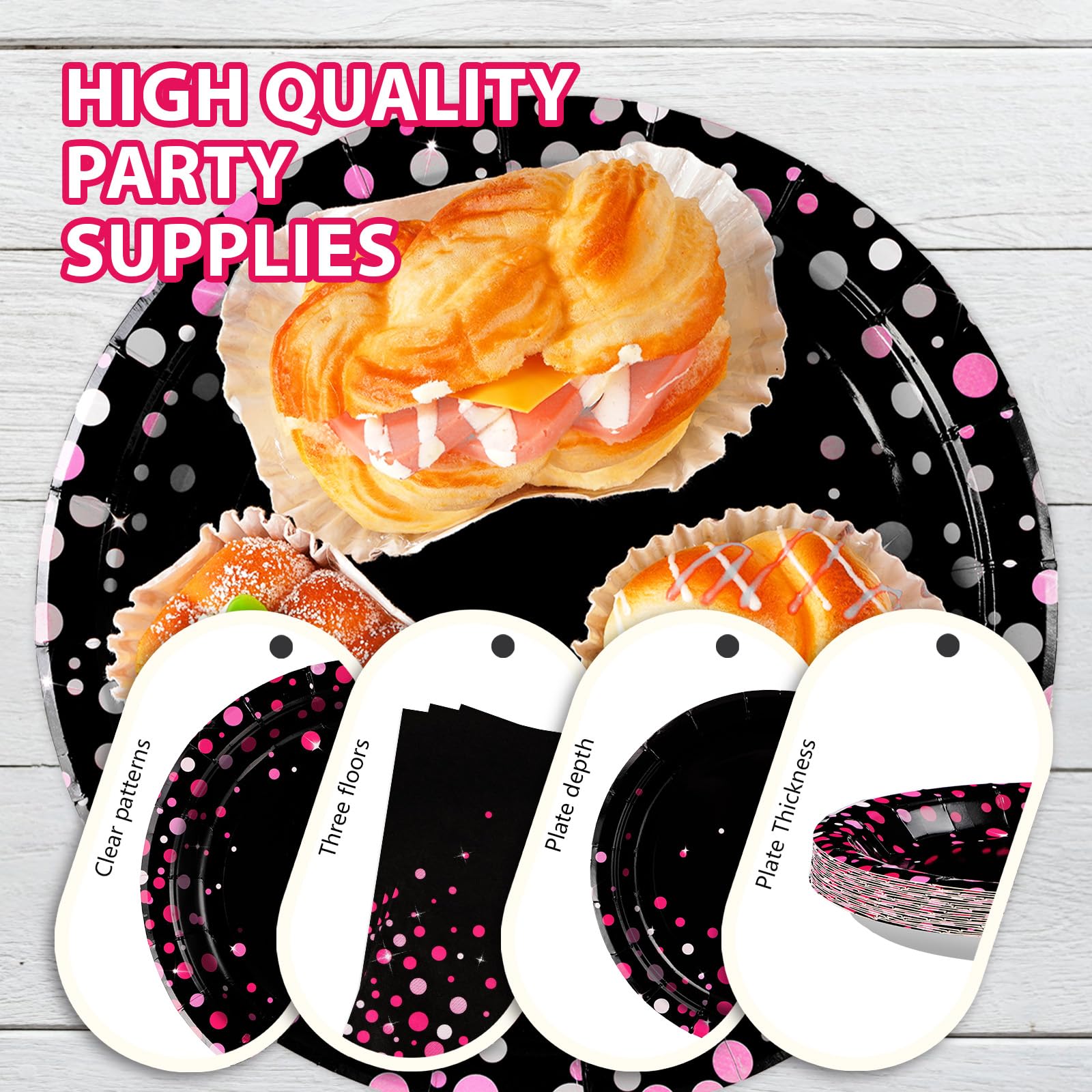 Grencian two-layer napkins with pink dots on black provide soft durability for guests.