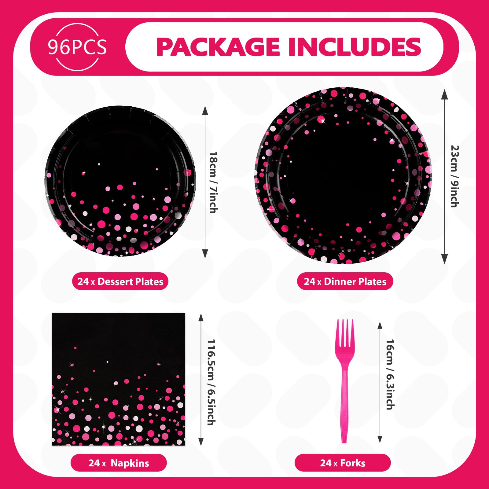 Grencian 7-inch dessert plates in hot pink on black add flair for dessert service.