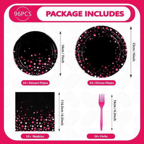 Grencian 7-inch dessert plates in hot pink on black add flair for dessert service.