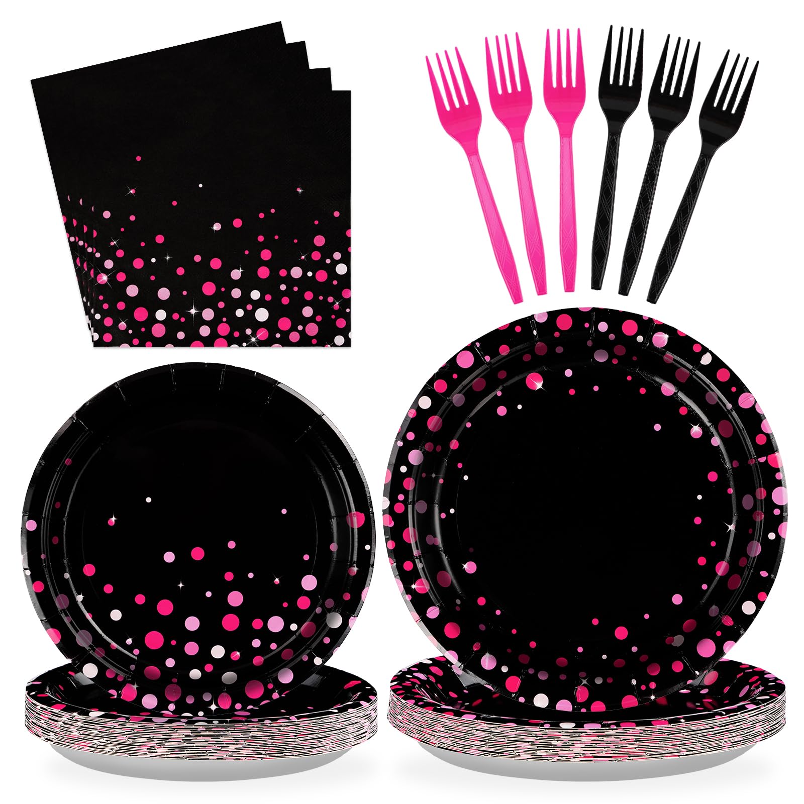 Grencian 9-inch dinner plates in hot pink on black bring a striking party look, great for serving meals.