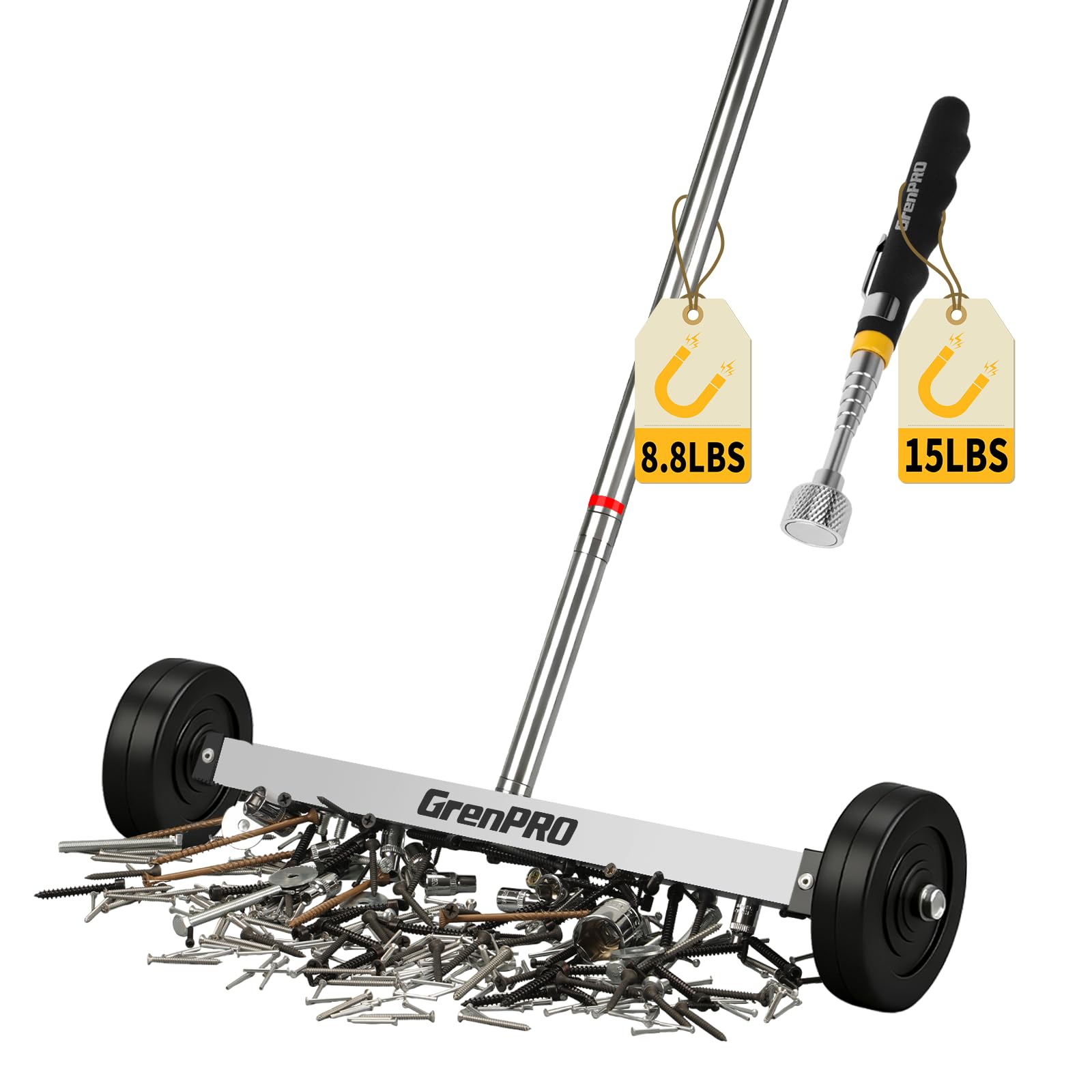 GRENPRO 17-inch rolling magnetic sweeper with wheels for fast nail cleanup in workshops.