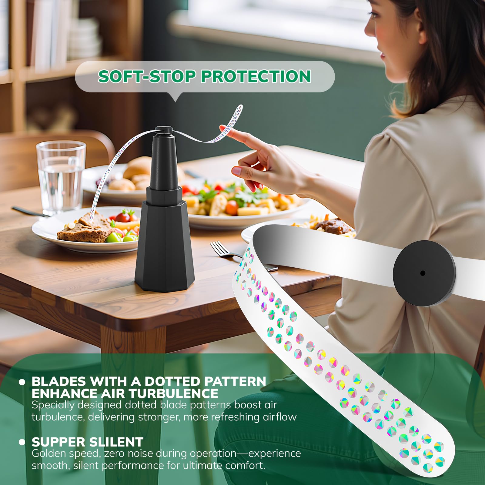 Grete Gotye soft-stop protection ensures safe, quiet operation during table-side use.