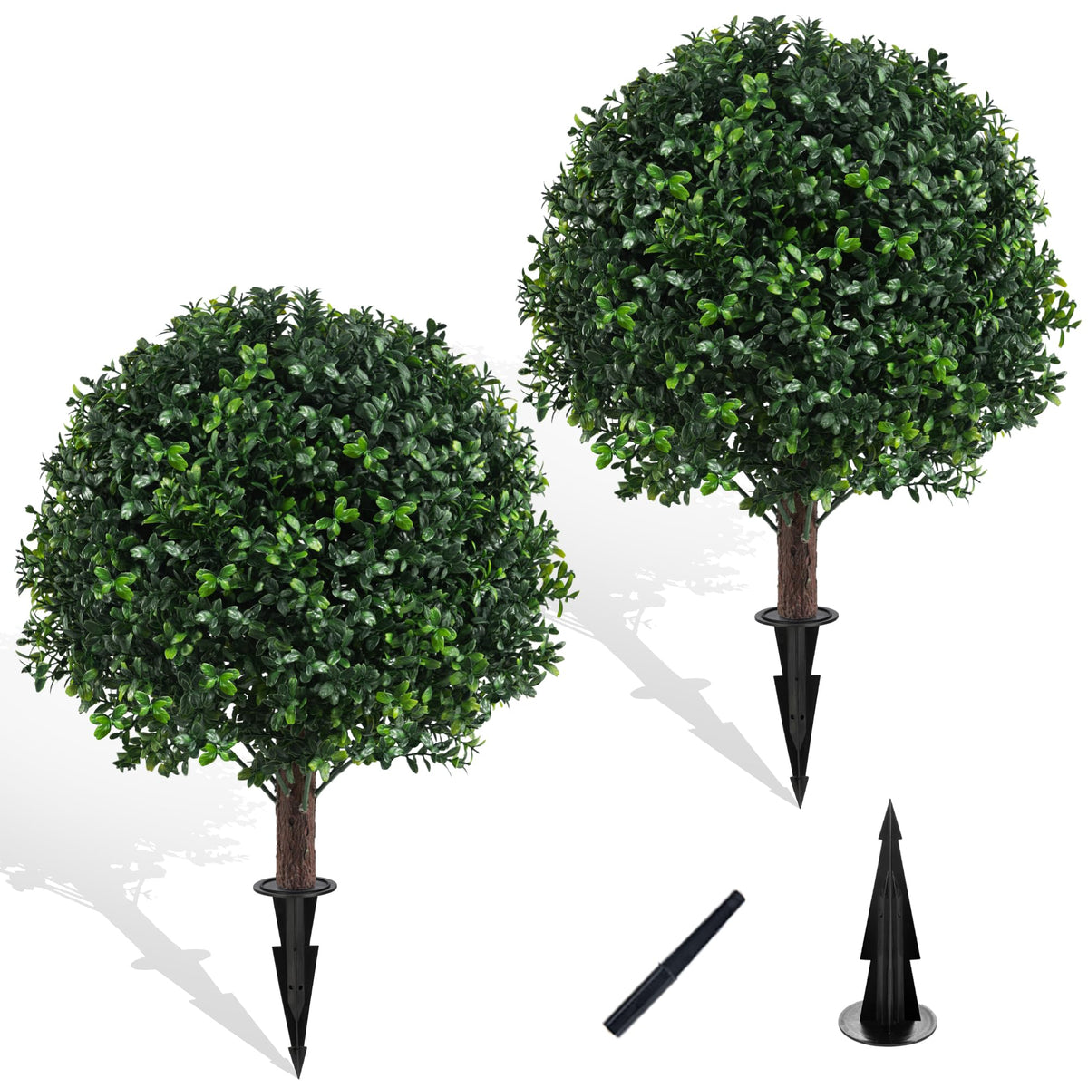 Grewyear boxwood topiary ball 24-inch height in planter boosts curb appeal.