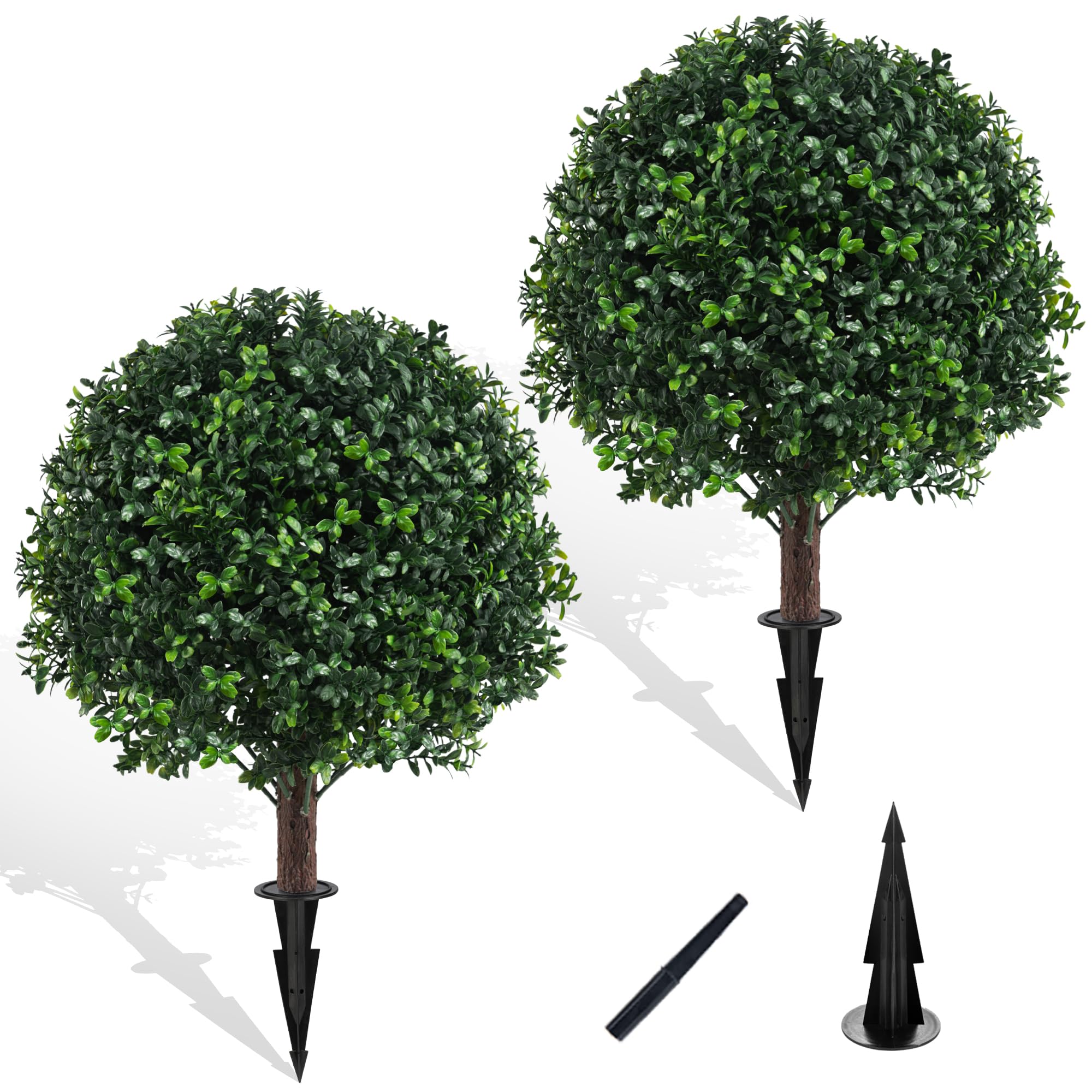 Grewyear boxwood topiary ball 24-inch height in planter boosts curb appeal.