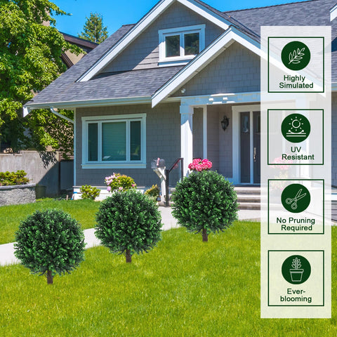 Grewyear weatherproof boxwood topiary ball on stake suitable for patios.