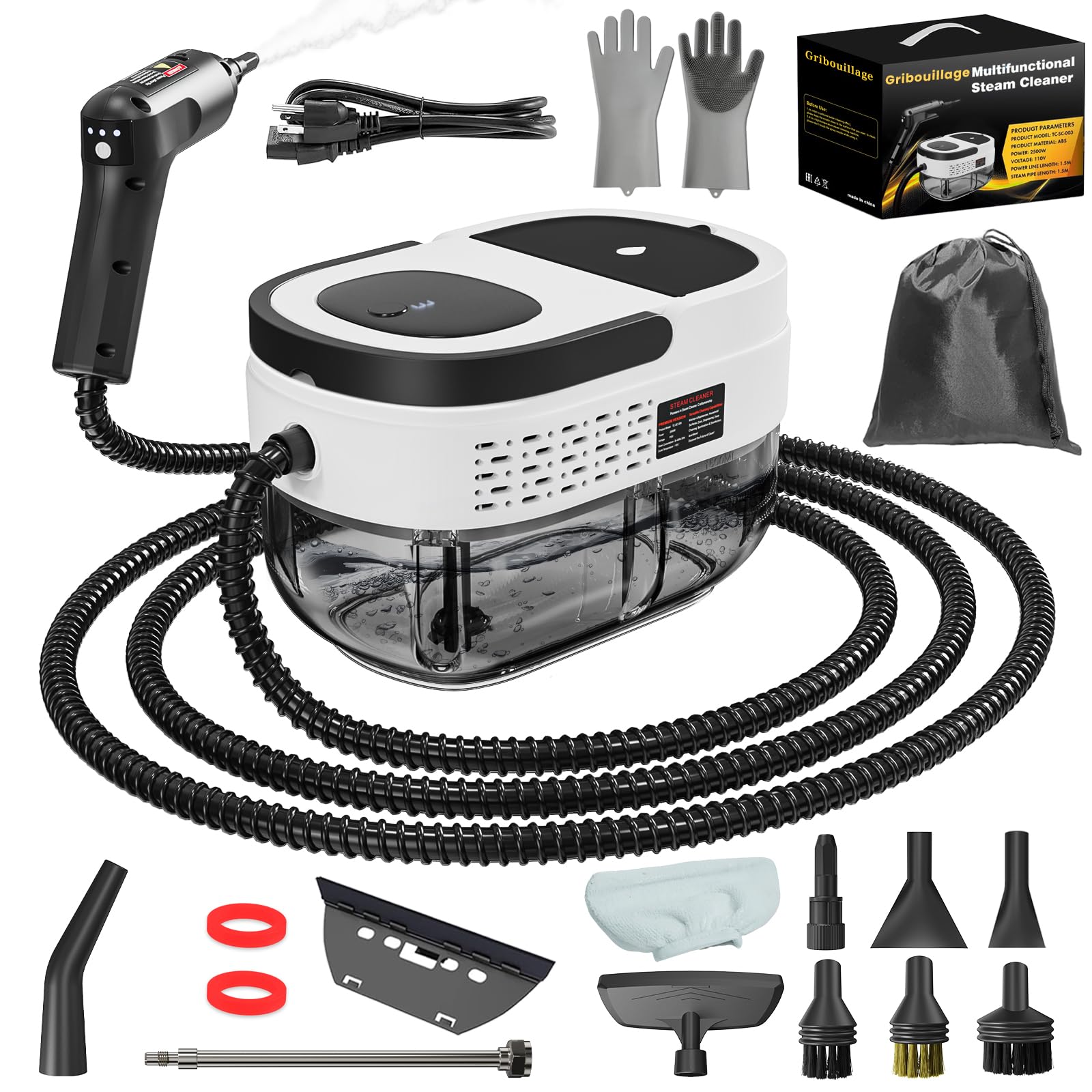 Gribouillage handheld steam cleaner front view for quick, chemical-free cleaning.