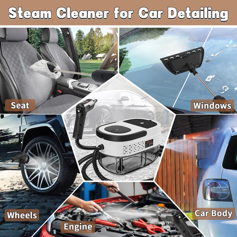 Gribouillage steam cleaner with diverse nozzle attachments for surfaces.
