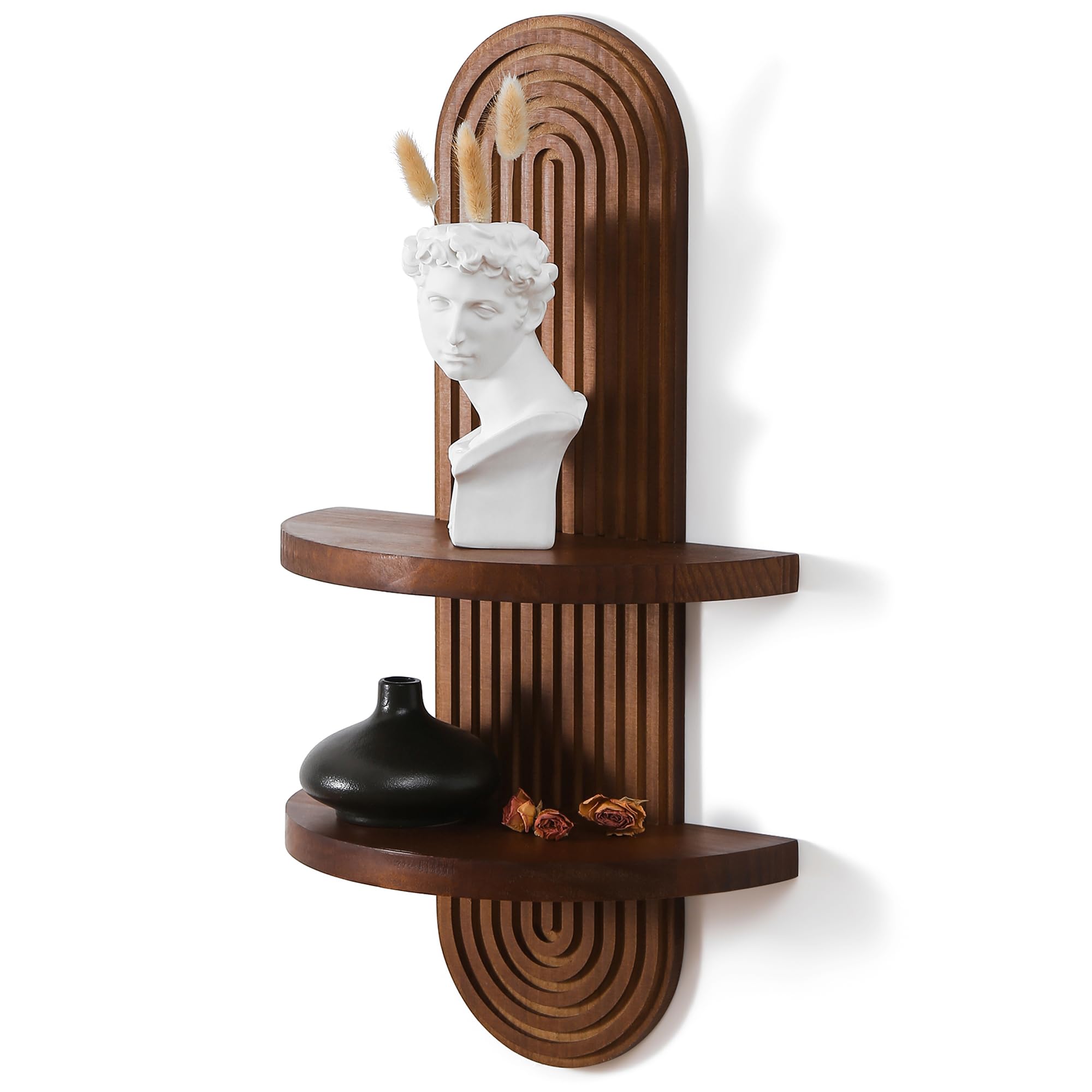 GRID FORTE arched wall shelf back view with walnut finish showcasing craftsmanship.
