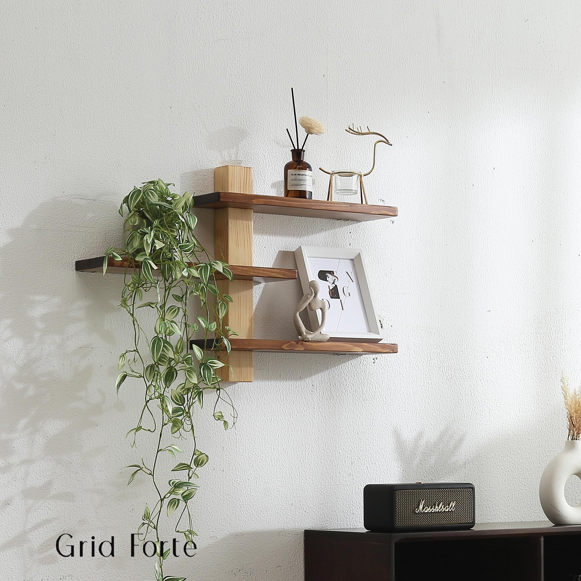 GRID FORTE 3 Tier Shelf holds plants and decor for a natural vignette