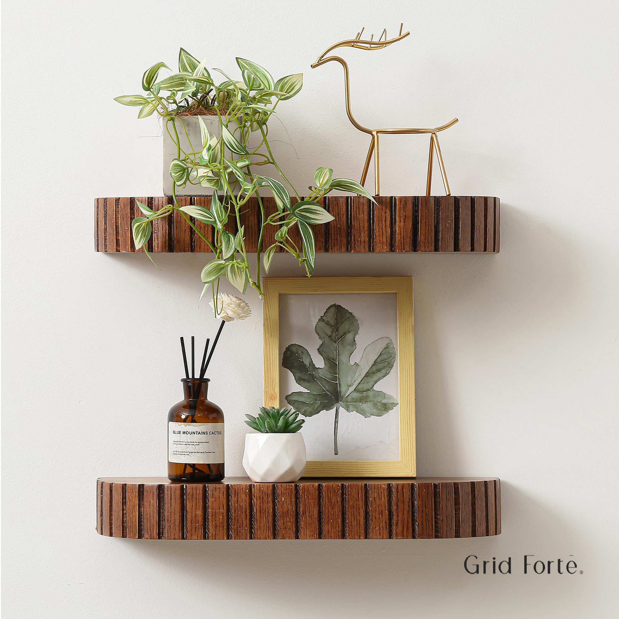 GRID FORTE wood rounded fluted shelf side view adds rustic texture on the wall