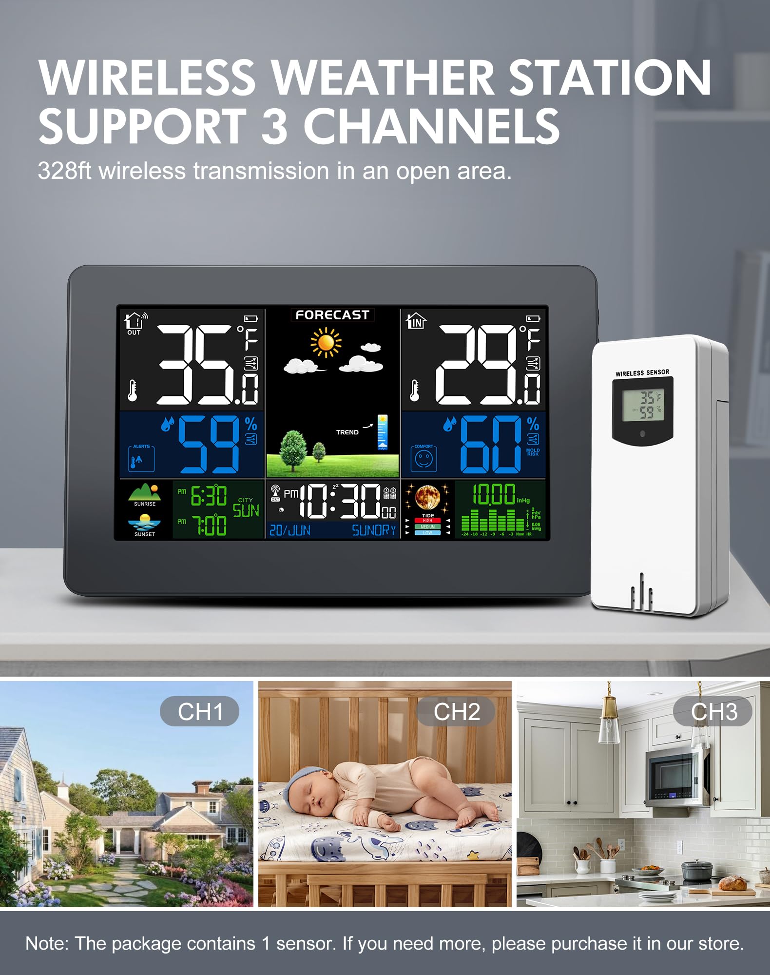 Grilza Weather Station moon phase view helps plan evening outdoor activities.