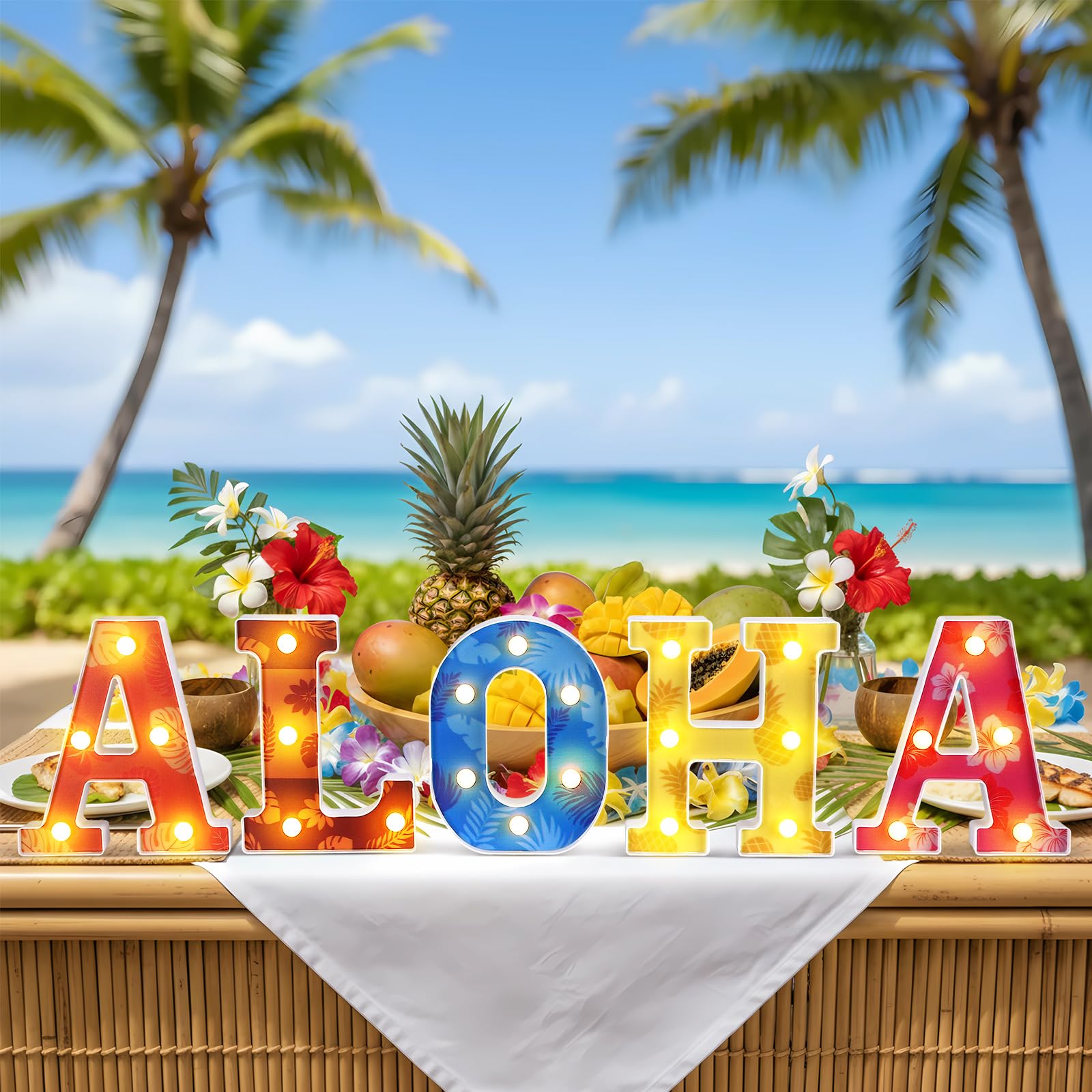 Grinsvalley aloha letters light up decor enhances summertime photos.