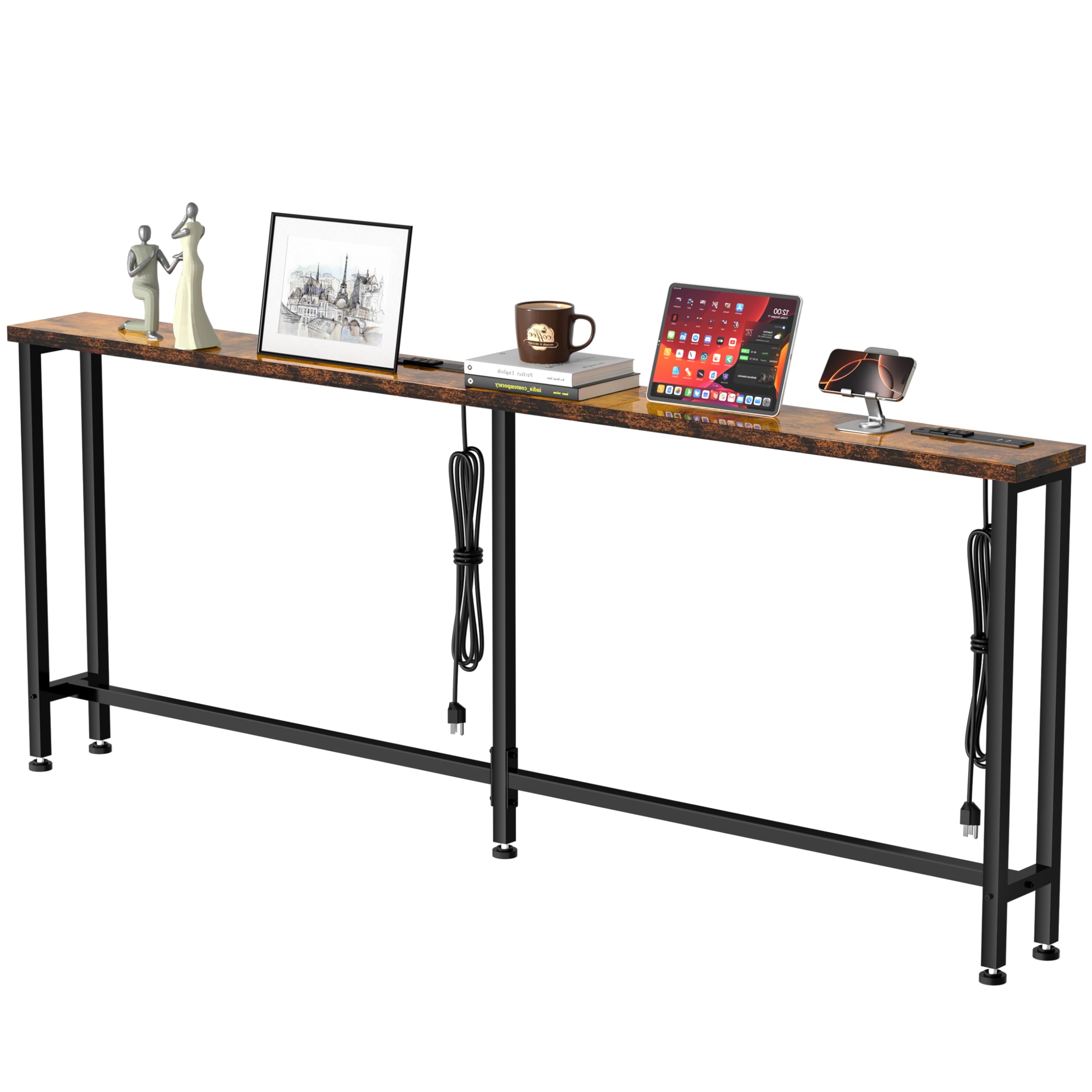GRLEAF 90-inch sofa table with built-in power strip for convenient behind-sofa charging