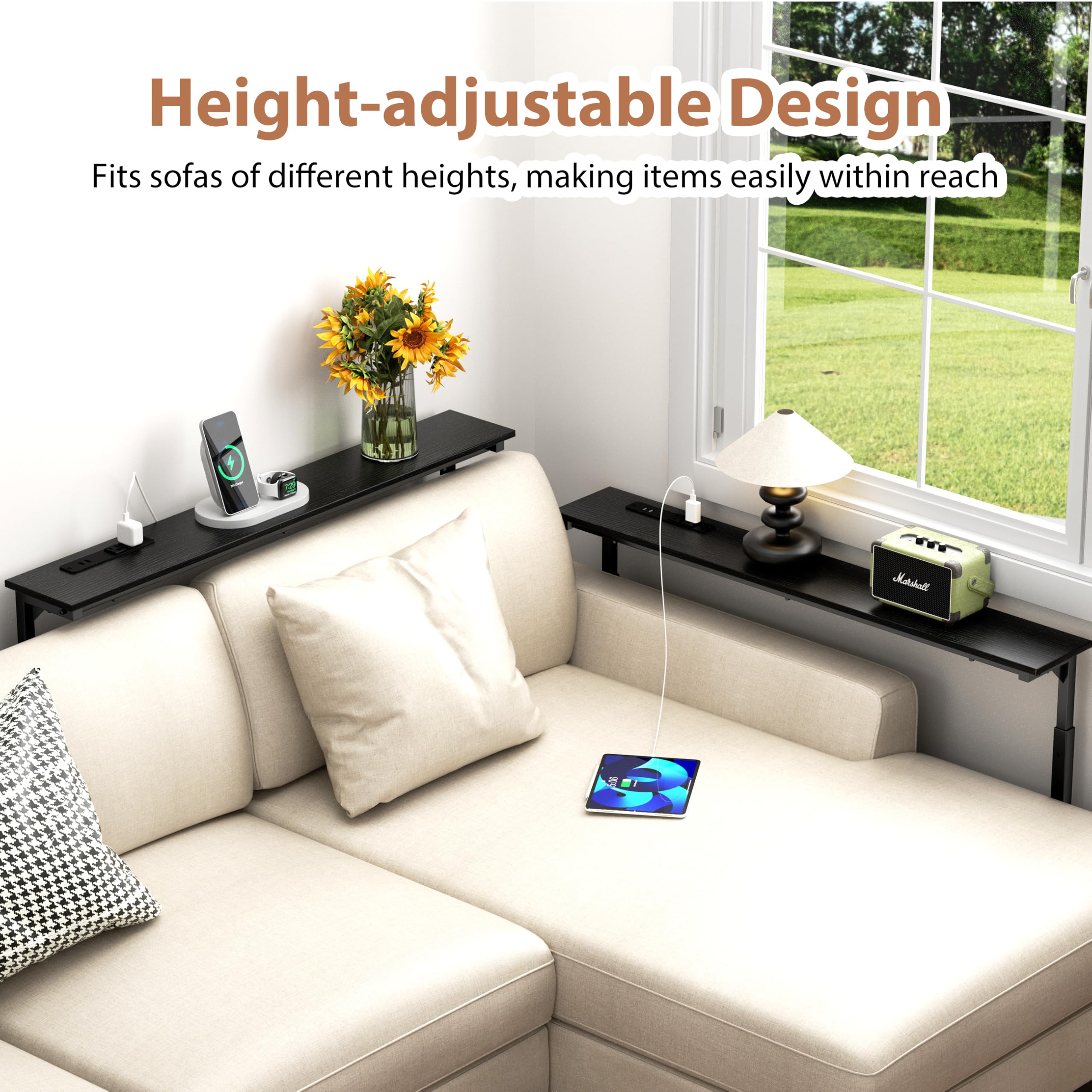 GRLEAF lift-top console table elevated for standing use with nearby charging.