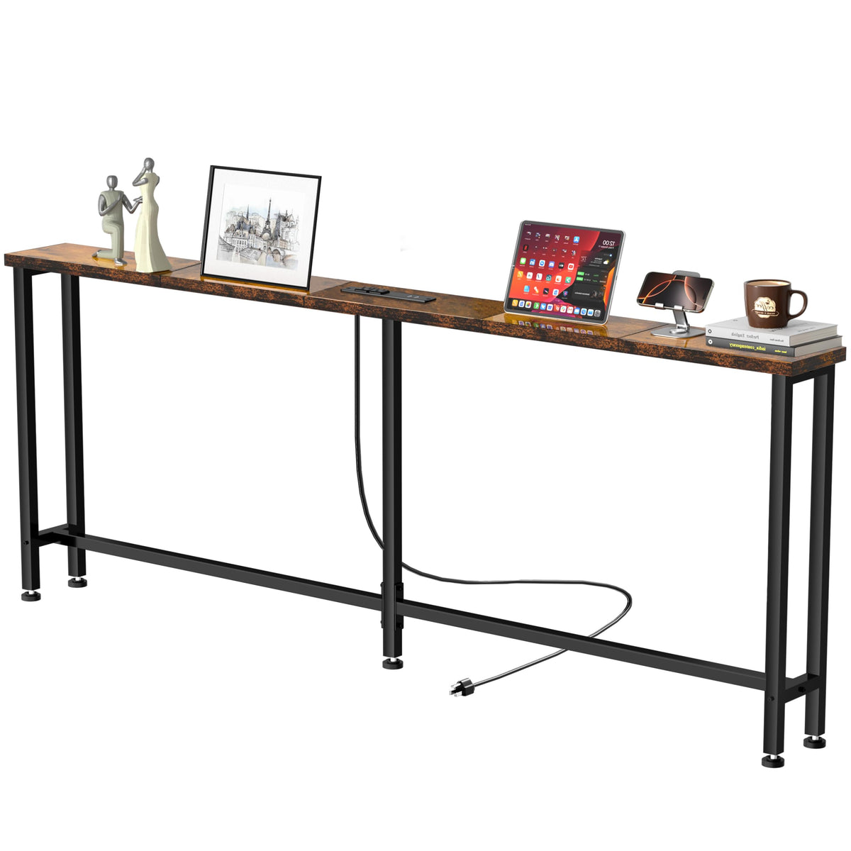 GRLEAF sofa table with power strip behind the sofa for easy device charging and cable management.