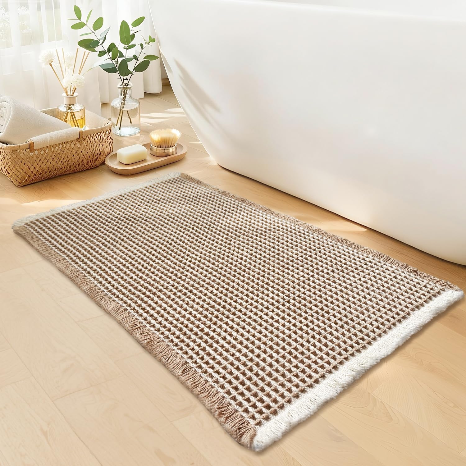 GRLYUH waffle bath mat close-up shows absorbent weave for quick drying.