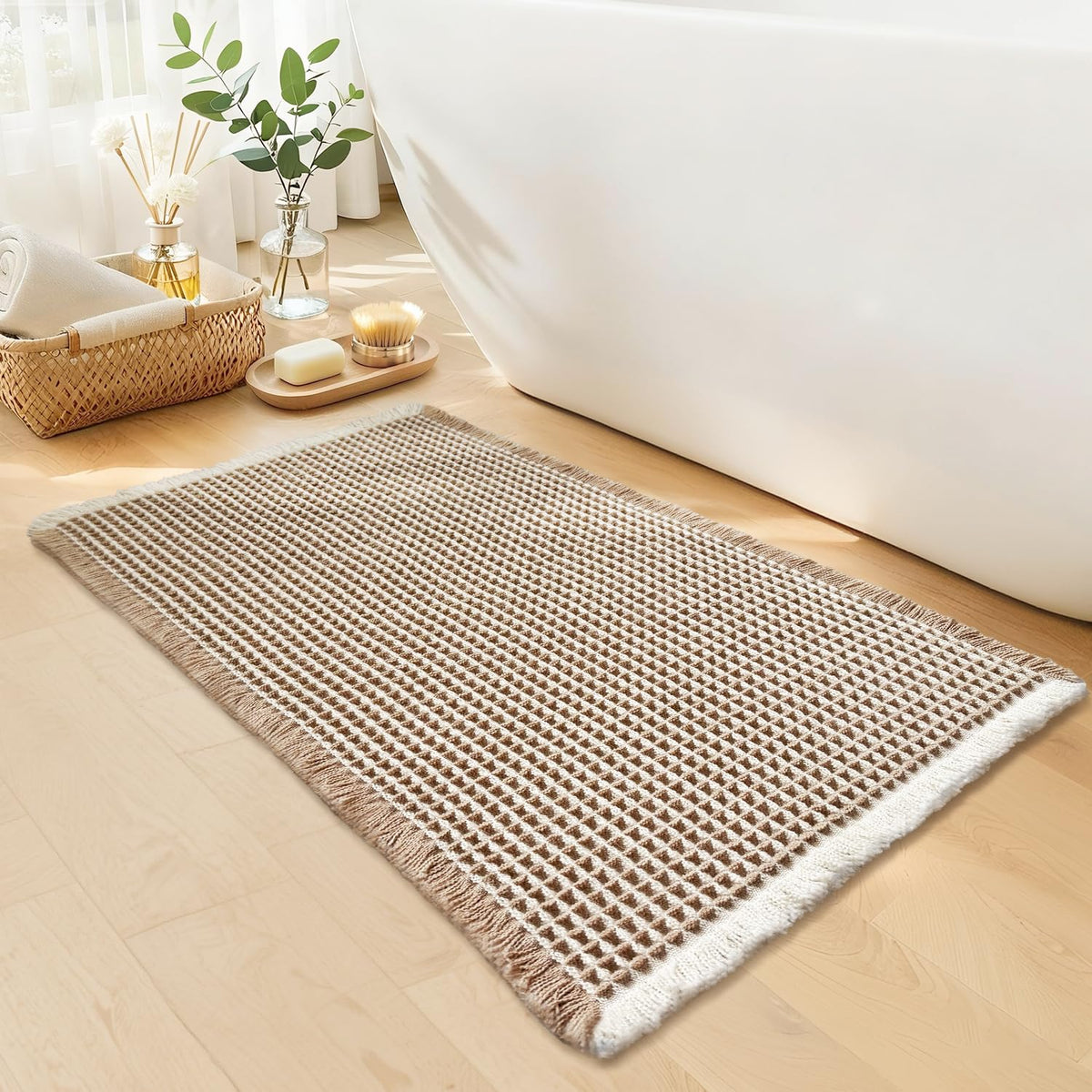 GRLYUH waffle bath mat close-up shows absorbent weave for quick drying.