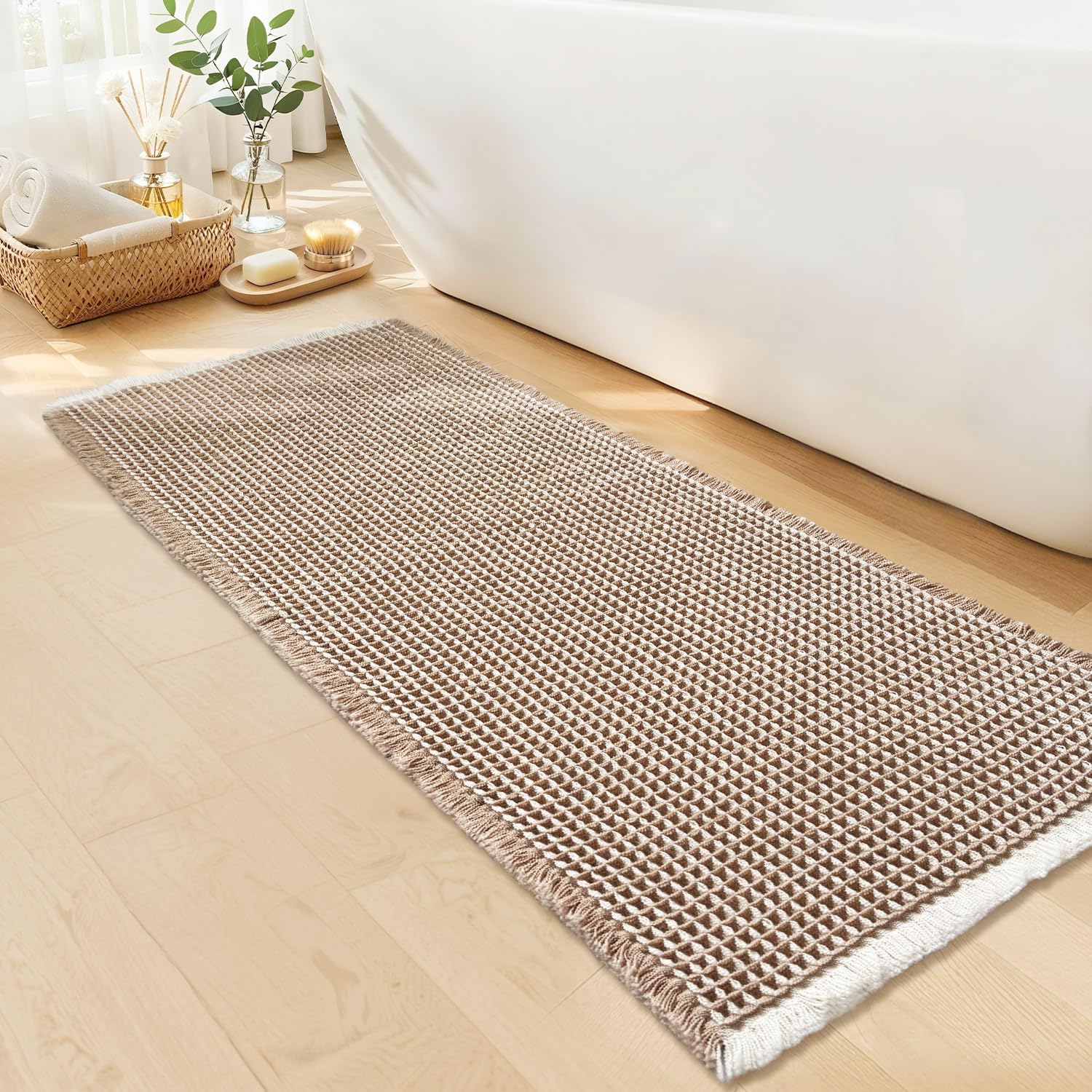 GRLYUH waffle runner bath mat in khaki and white, long and cozy underfoot