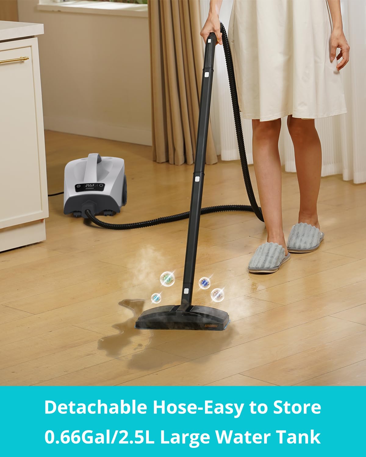GROBELL steam cleaner detachable-hose image demonstrates flexible reach in tight spaces.