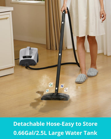 GROBELL steam cleaner detachable-hose image demonstrates flexible reach in tight spaces.