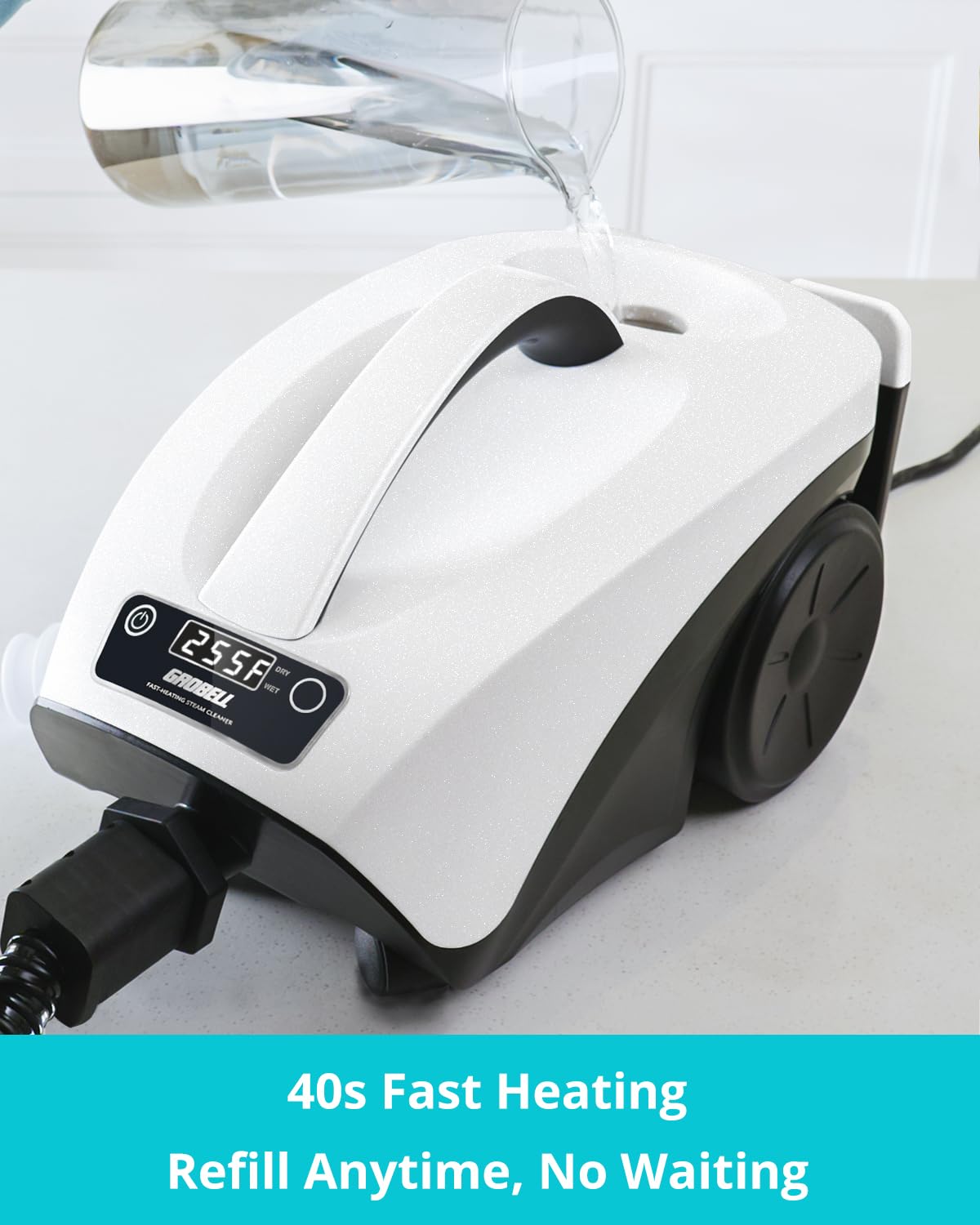 GROBELL steam cleaner multi-surface-cleaning image shows versatility from floors to upholstery.