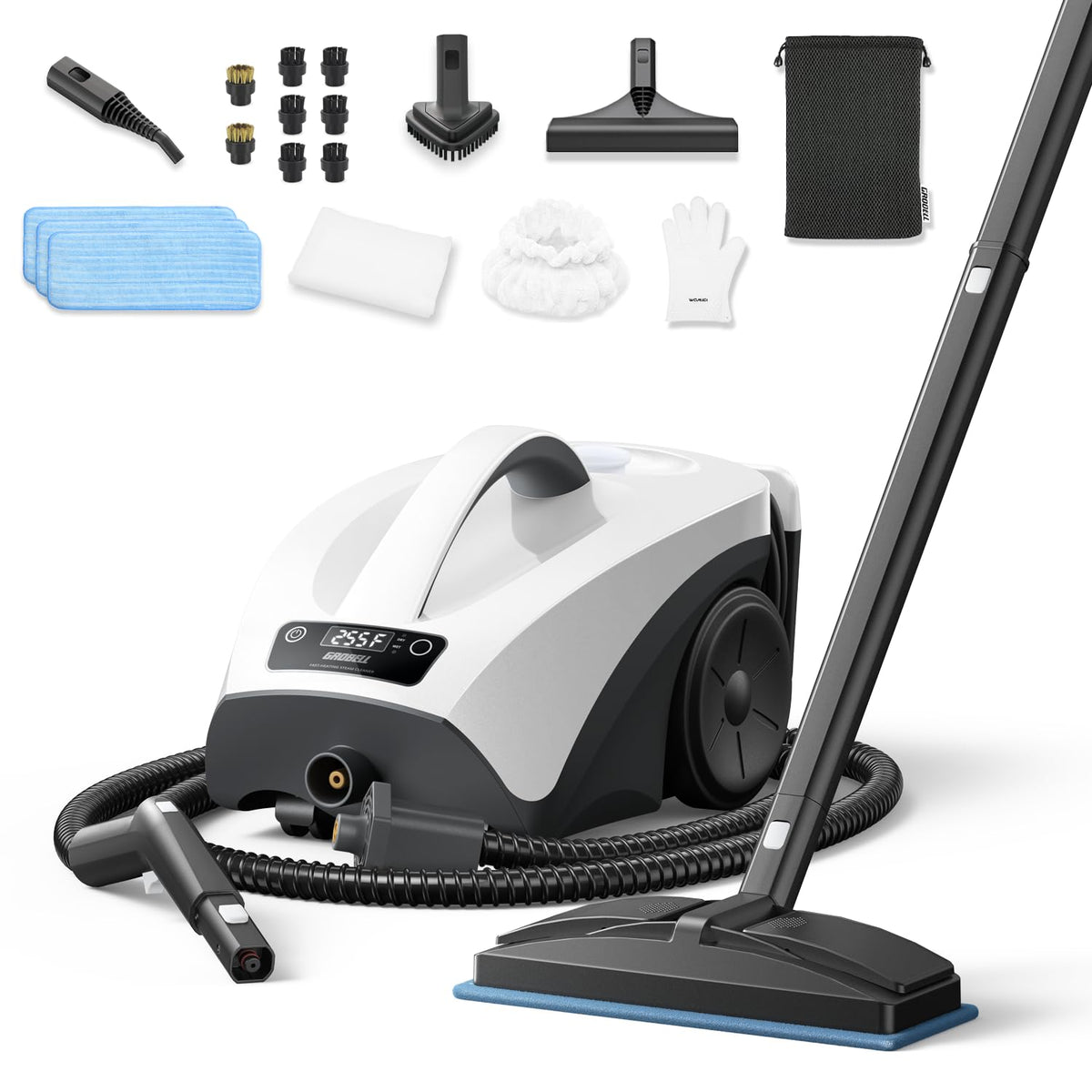 GROBELL steam cleaner quick-heat image shows rapid cleaning across surfaces.