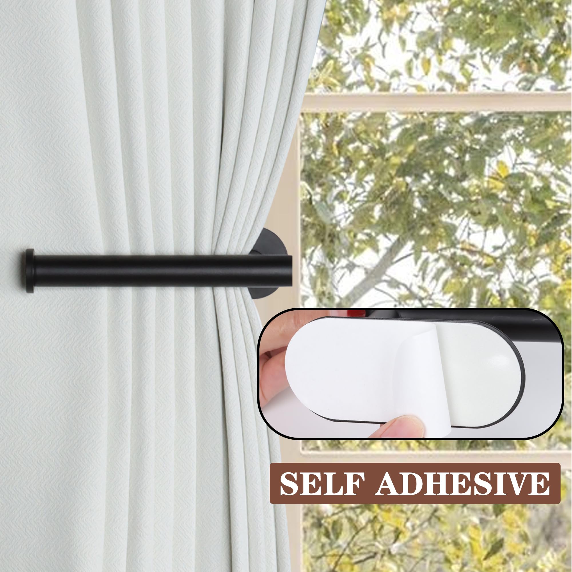Groleca holdbacks with a peel-and-stick setup for effortless curtain organization.