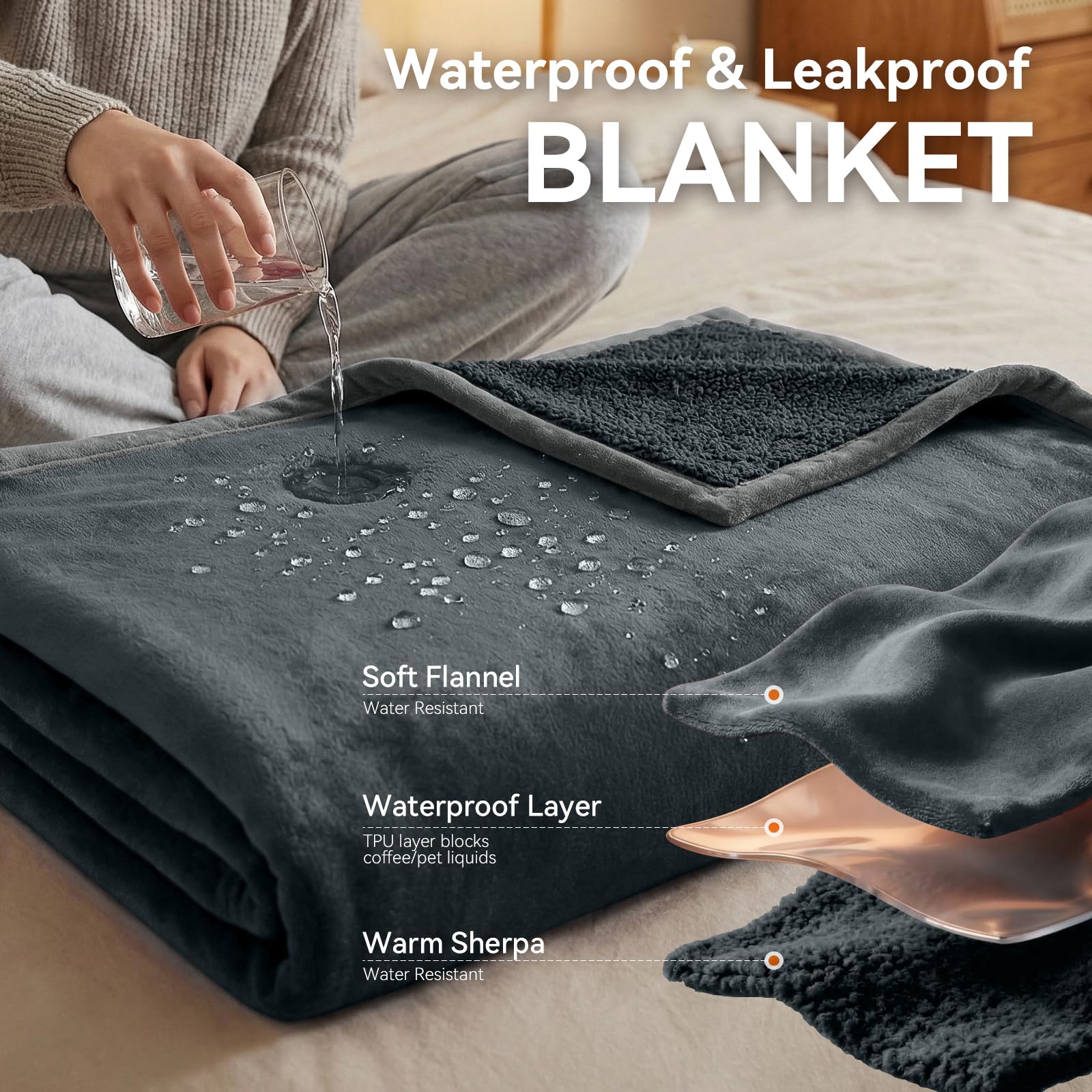 Cross-section view reveals waterproof layer and sherpa backing for warmth.