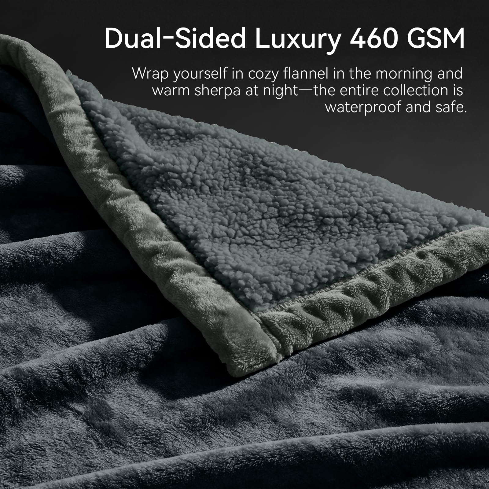 Groose blanket highlights sherpa backing and warmth for cozy nights.