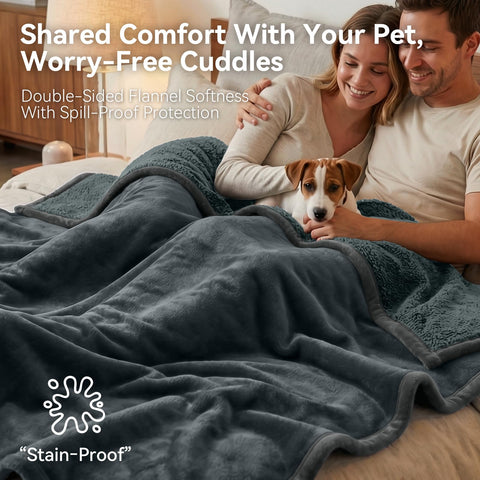 Groose waterproof blanket on sofa close-up demonstrates stain resistance for daily use.