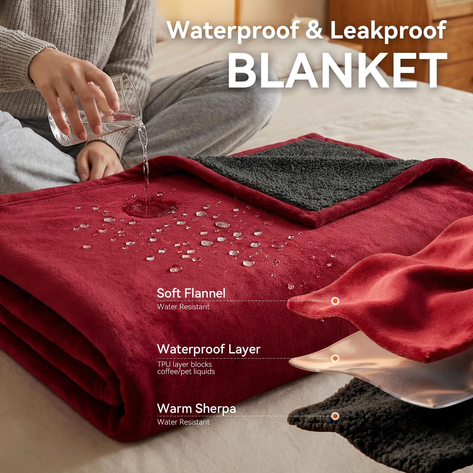 GROOSE waterproof blanket on sofa with sherpa backing protects furniture.