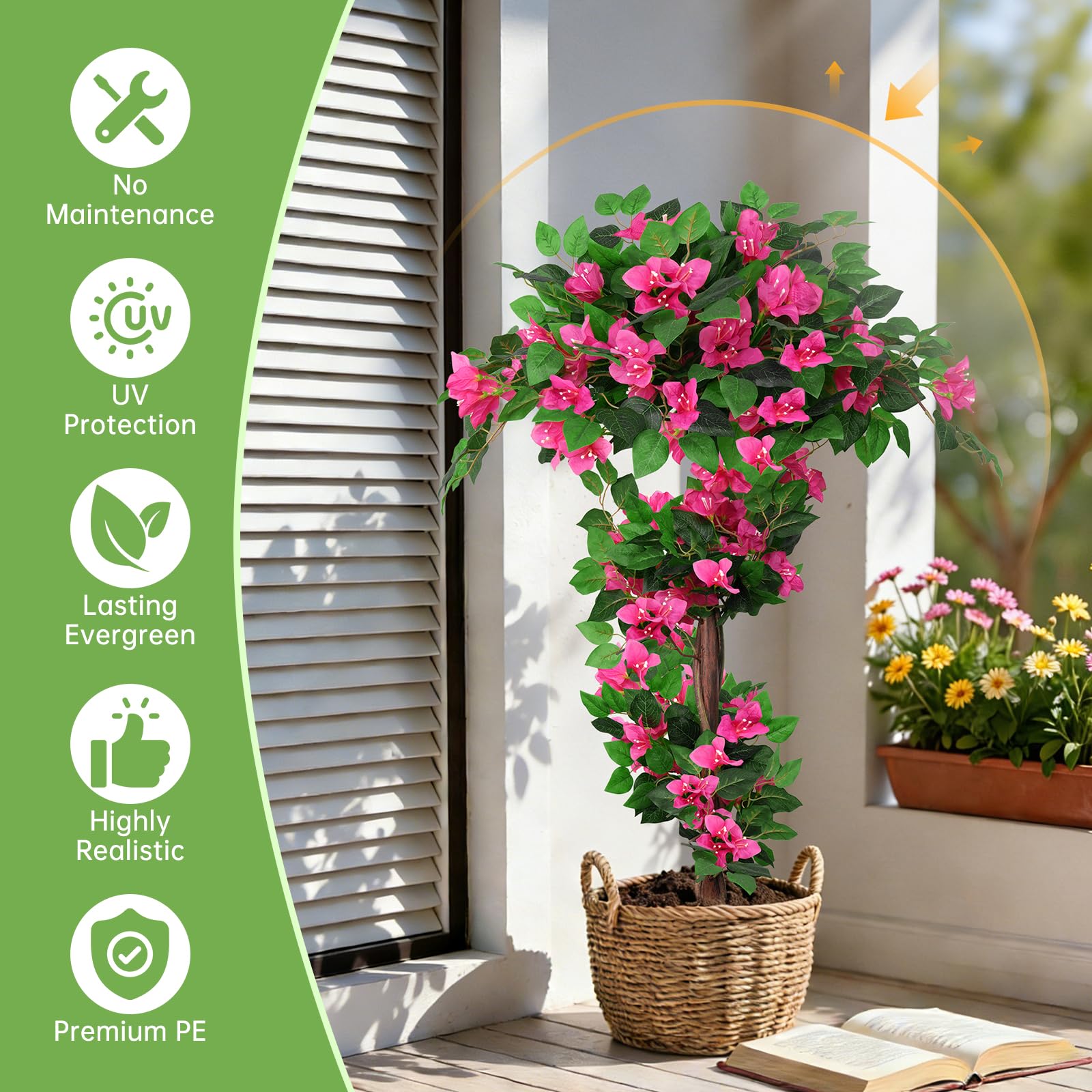 Grooy artificial bougainvillea topiary with pink flowers enhances porches.