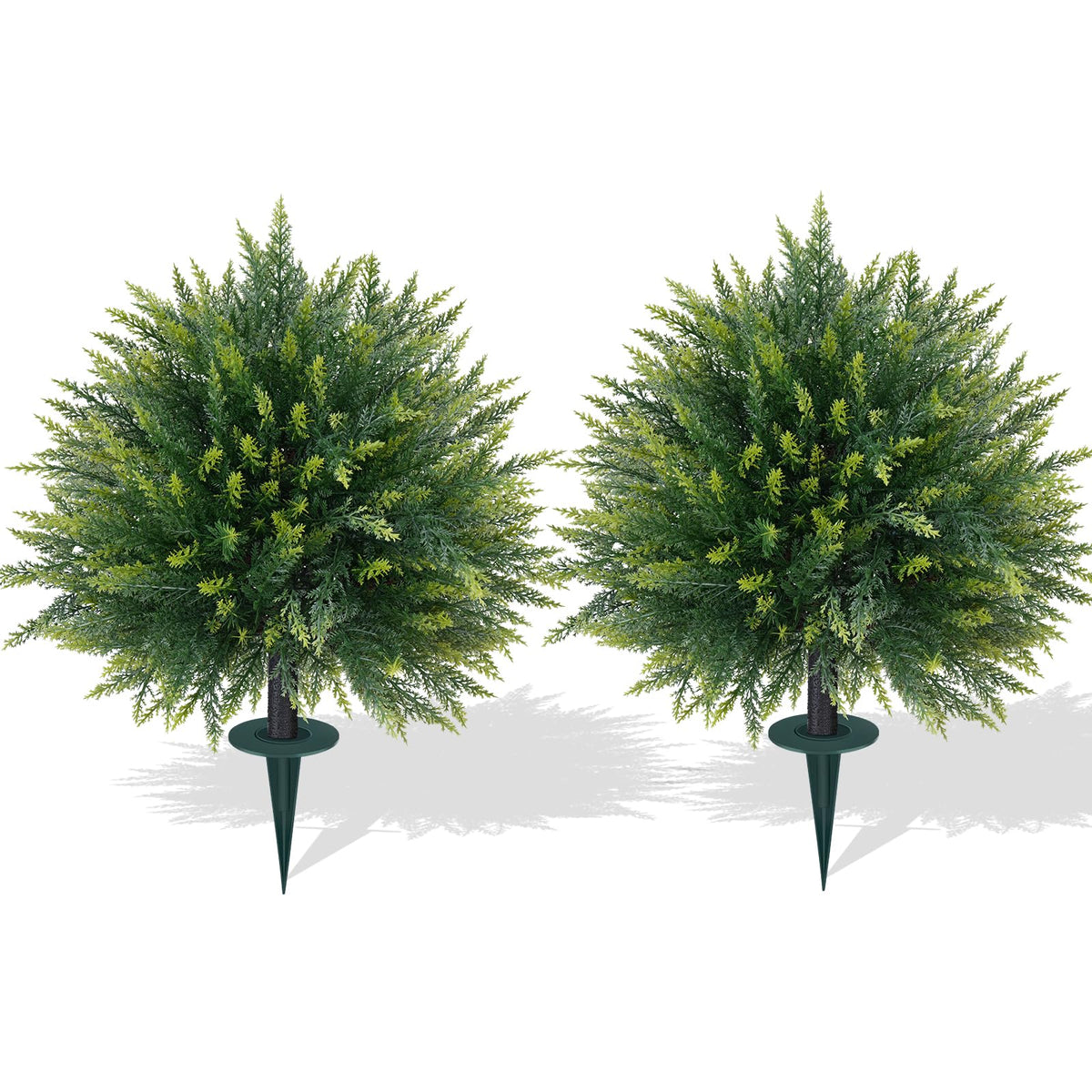 Grooy artificial cedar topiary with ground spike, two-pack, ideal for pots or soil.