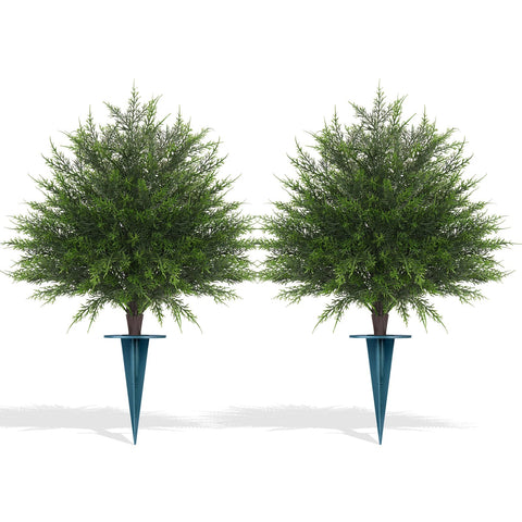 Grooy artificial cypress topiary with spike for porch display.