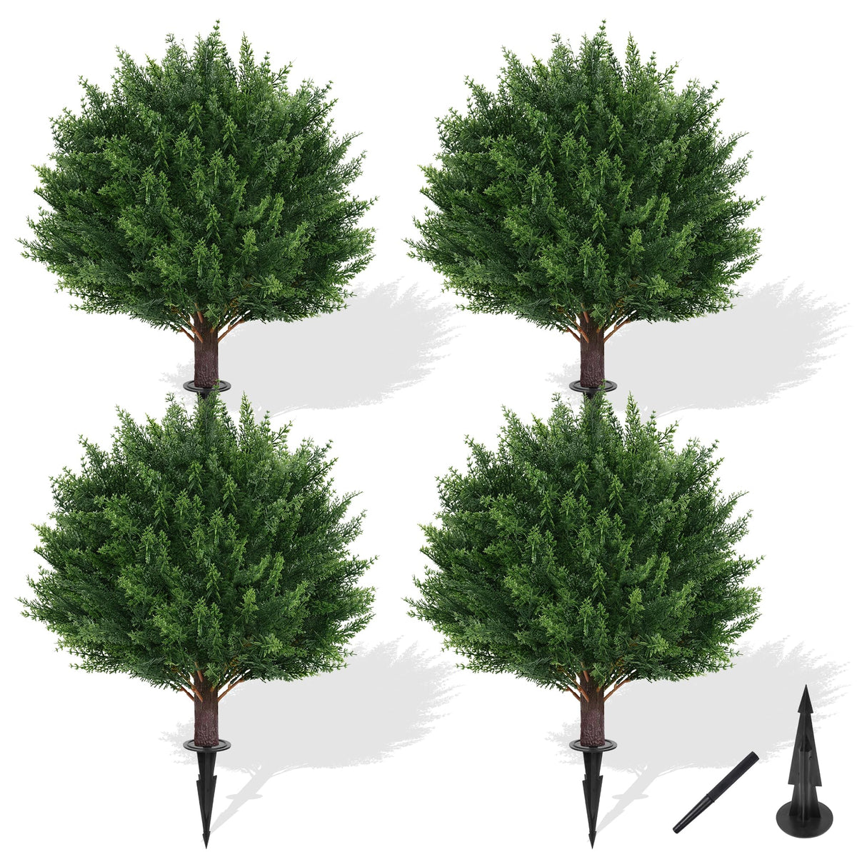 Grooy artificial cypress topiary tree with ground spike, ready for easy planter setup.